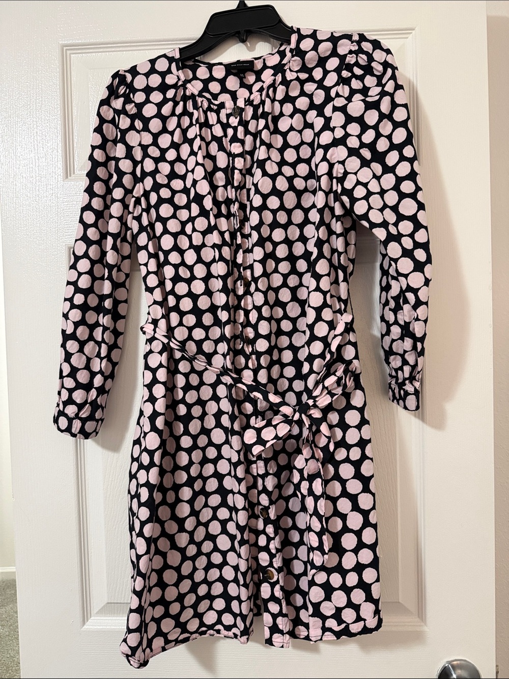 Who What Wear Button Down Black Dress with Light Pink Polka Dots and Belt